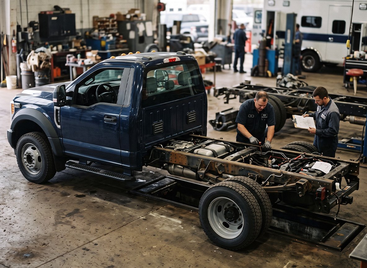 Ford F-450 cab-chassis prepared for ambulance module mounting
