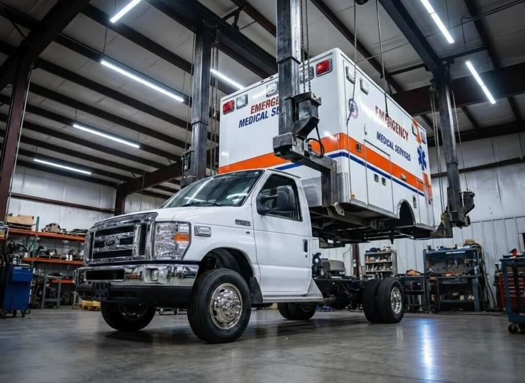 Ambulance remount showing box transferred to new chassis