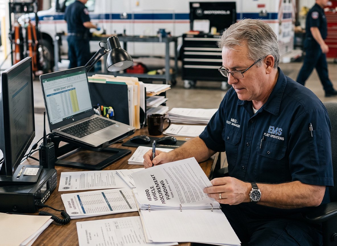 Texas EMS fleet manager reviewing HB3000 grant paperwork