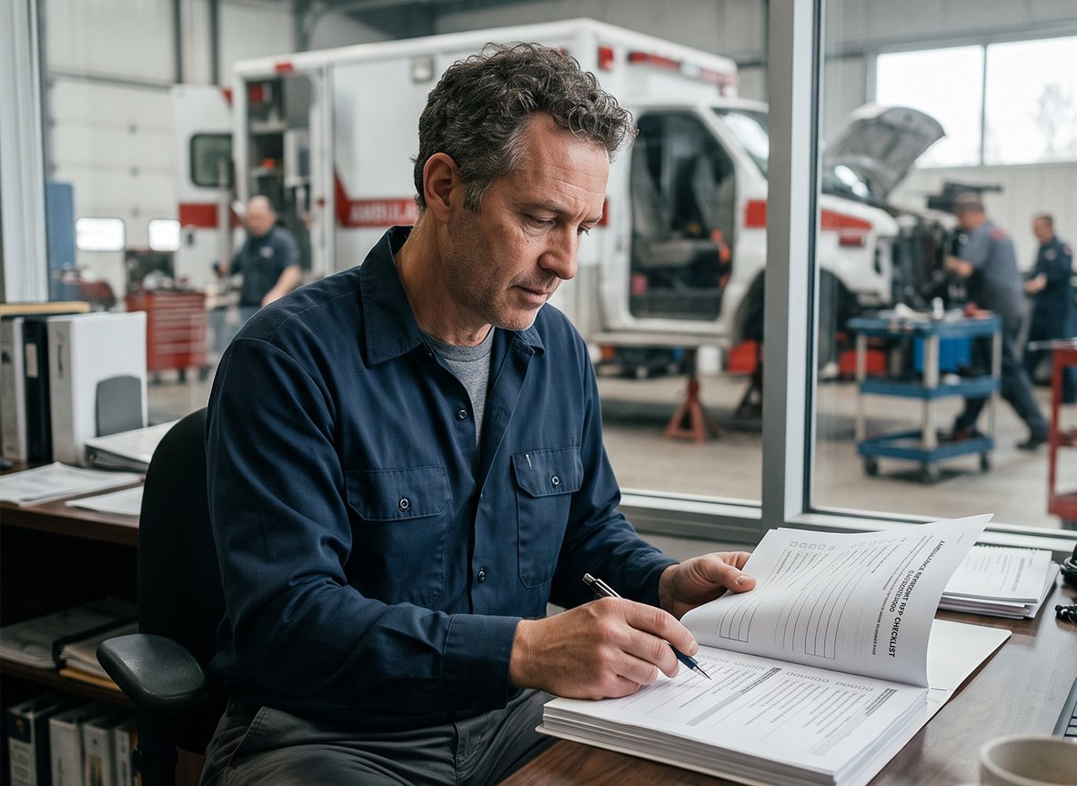 Fleet manager reviewing ambulance remount RFP checklist