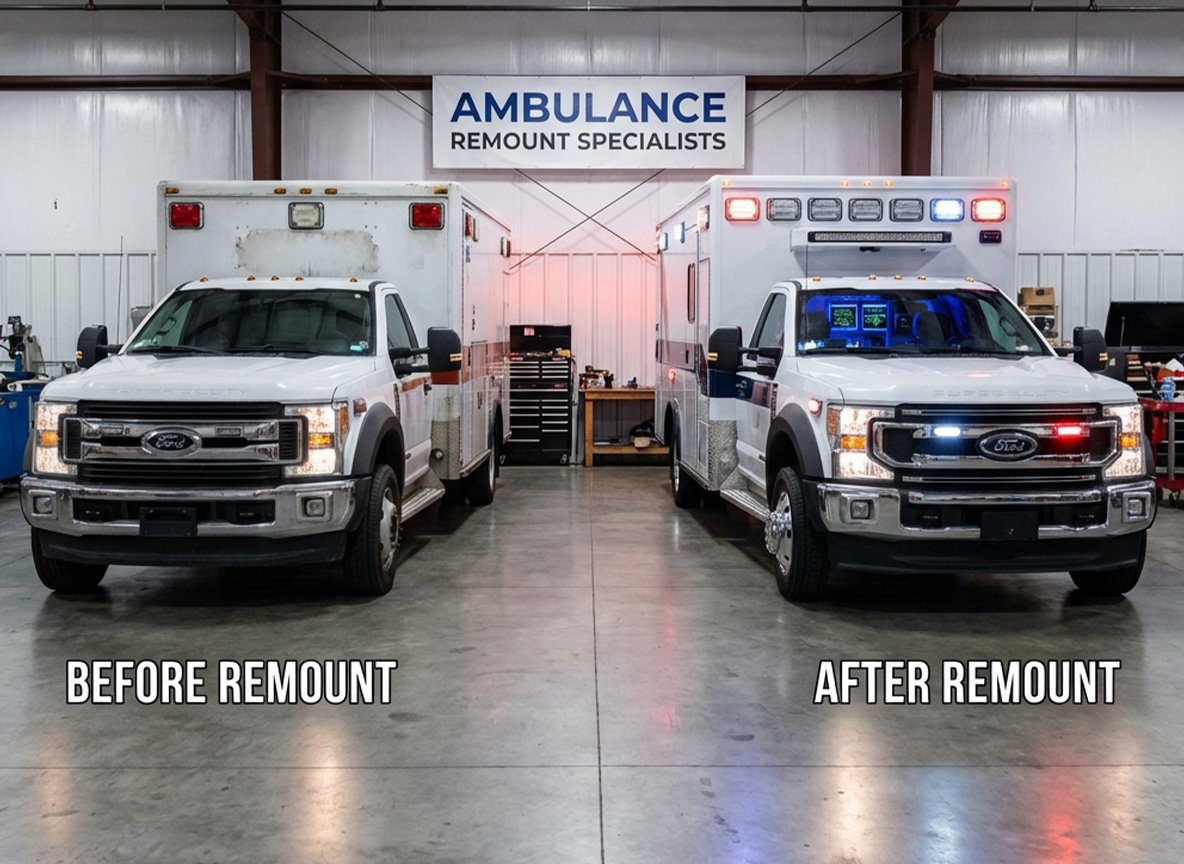 Side-by-side comparison of before and after ambulance remount