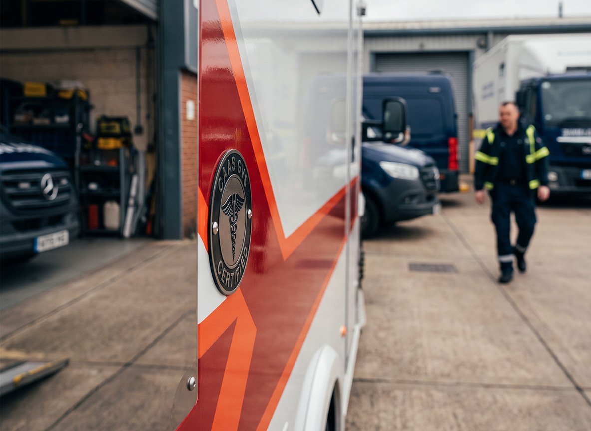 CAAS GVS certification badge on remounted ambulance