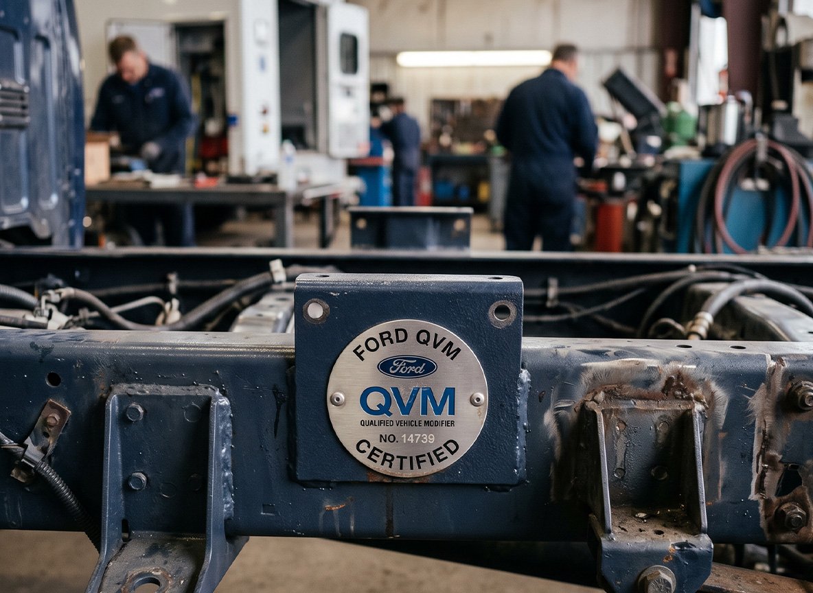 Ford QVM certification badge on remounted ambulance chassis