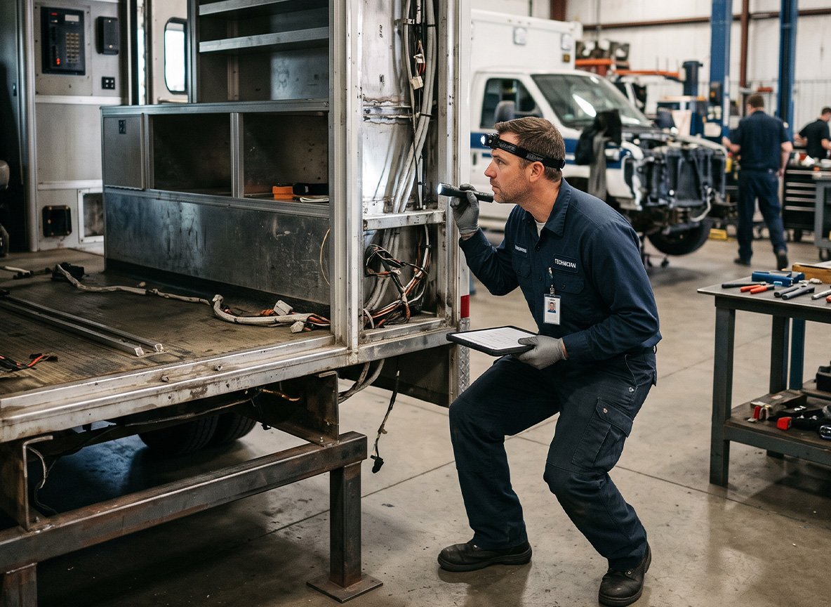 Technician inspecting ambulance module for remount eligibility