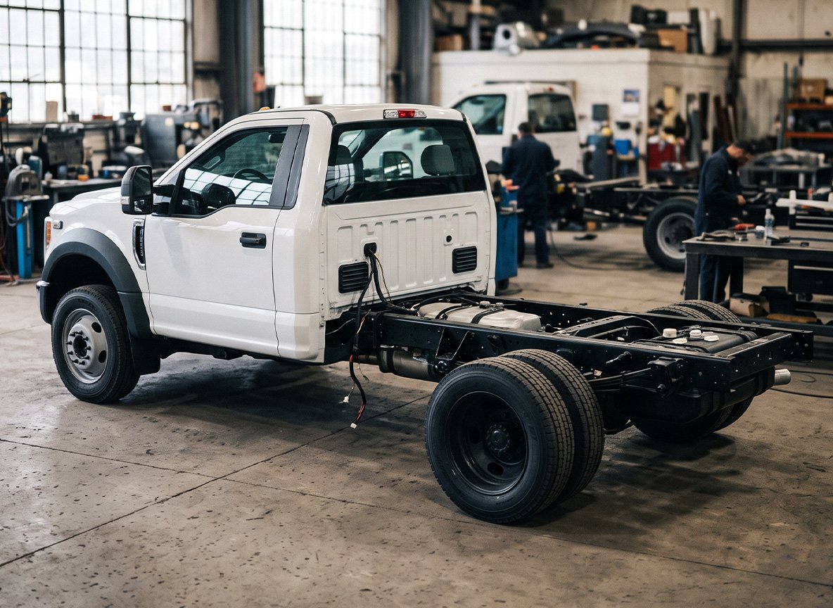 New Ford F-450 chassis ready for ambulance module mounting