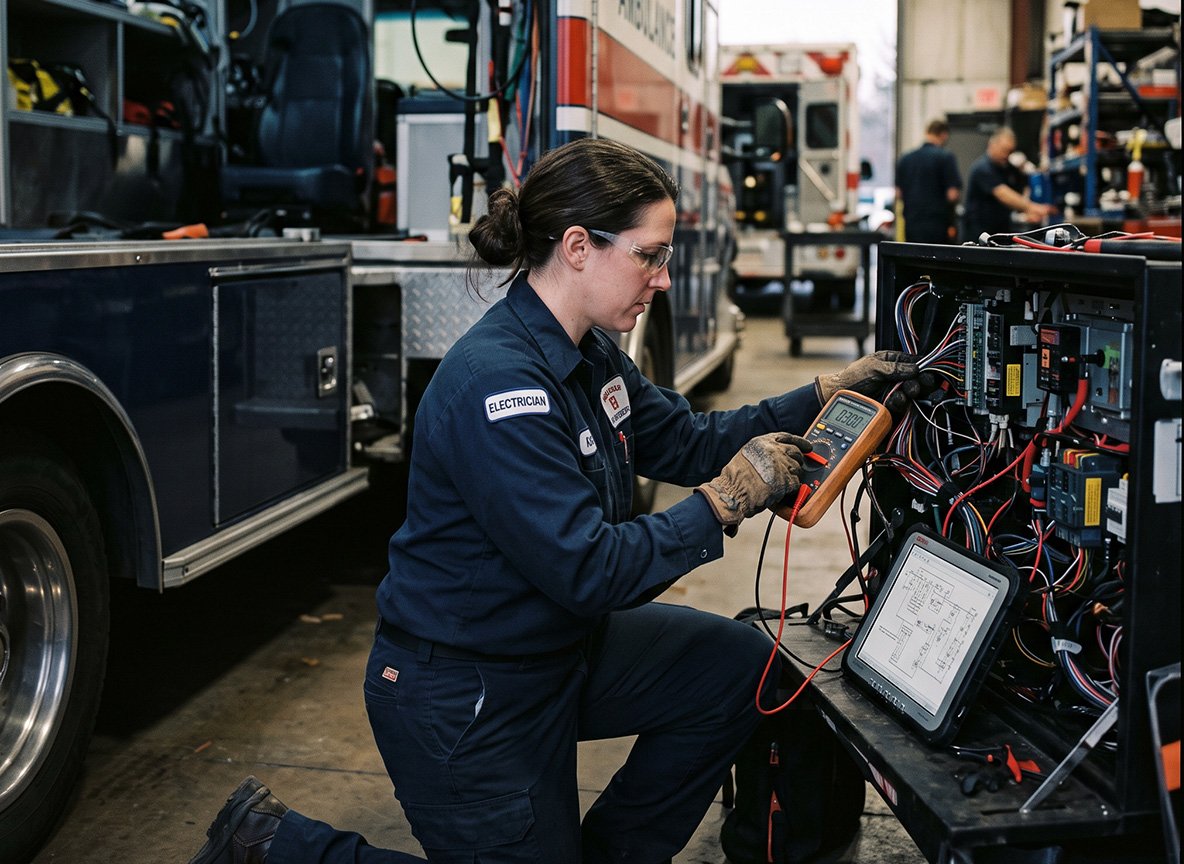 EVT-certified technician working on ambulance electrical system